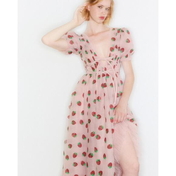 Lirika Matoshi Strawberry V-Neck Short Sleeves Midi Dress - M - Picture 3 of 5